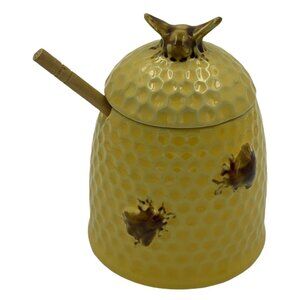 Honeycomb Ceramic Honey Jar With Lid & Wooden Dipper By Creative Co-Op